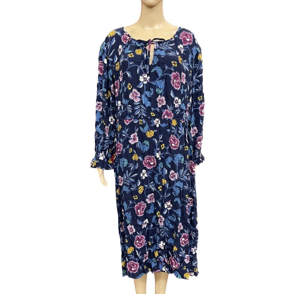 Blue Floral Lined Tie Neck Midi Dress Size XXL